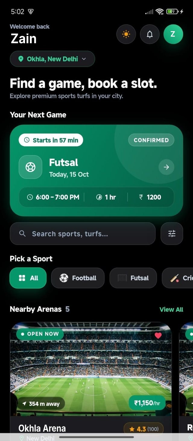 Turf 24x7 app home screen in dark mode, showing the next booked game and nearby arenas