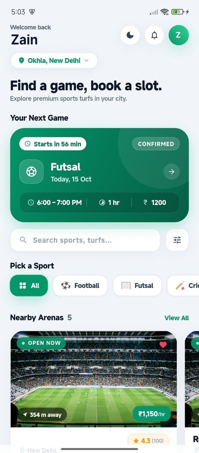 Turf 24x7 app home screen in light mode, showing the next booked game and nearby arenas