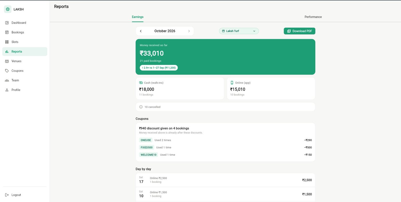Turf 24x7 Partner App earnings report showing money received split between cash and online bookings